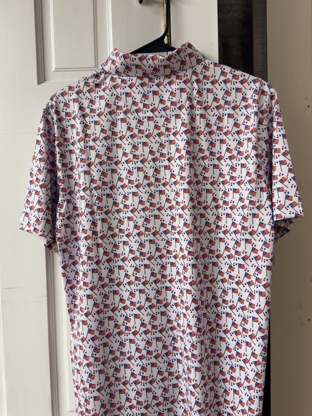 Men's White Short-Sleeve Polo with Red & Blue Flag Print